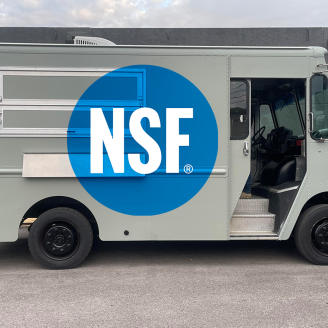 Gray food truck with NSF certification logo