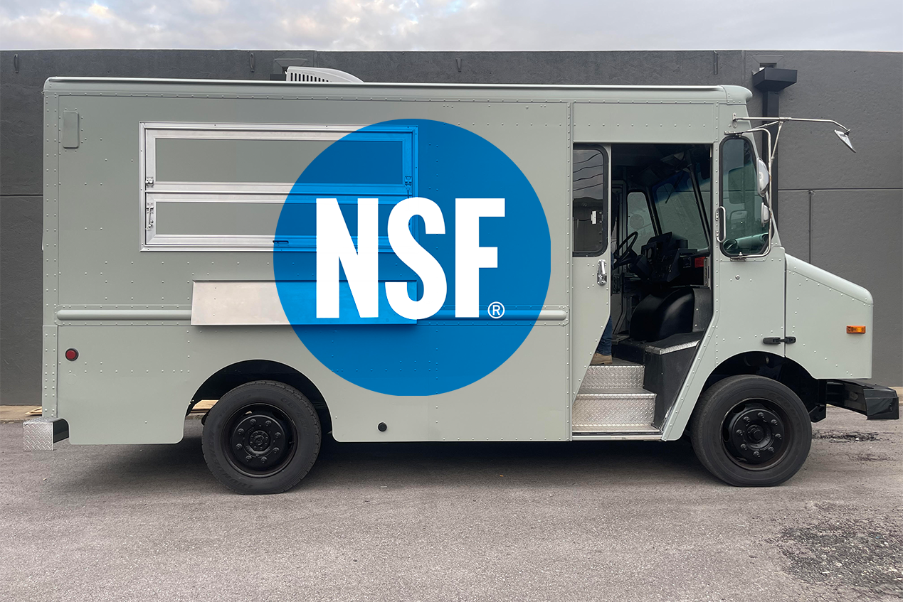 Gray food truck with NSF certification logo