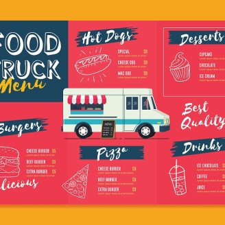 food truck menu ideas contain pizza, hotdog, drinks