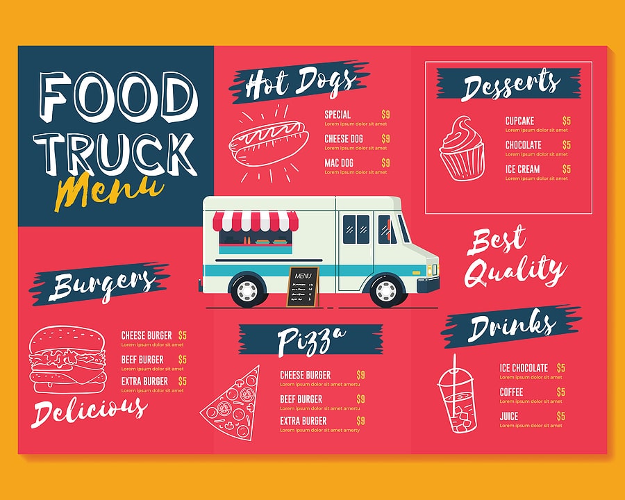 food truck menu ideas contain pizza, hotdog, drinks