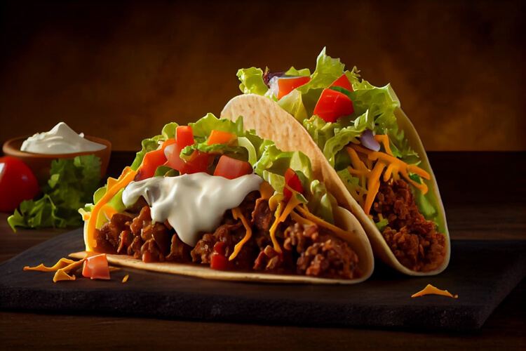 Two beef tacos with sauce, cheese, lettuce, tomatoes