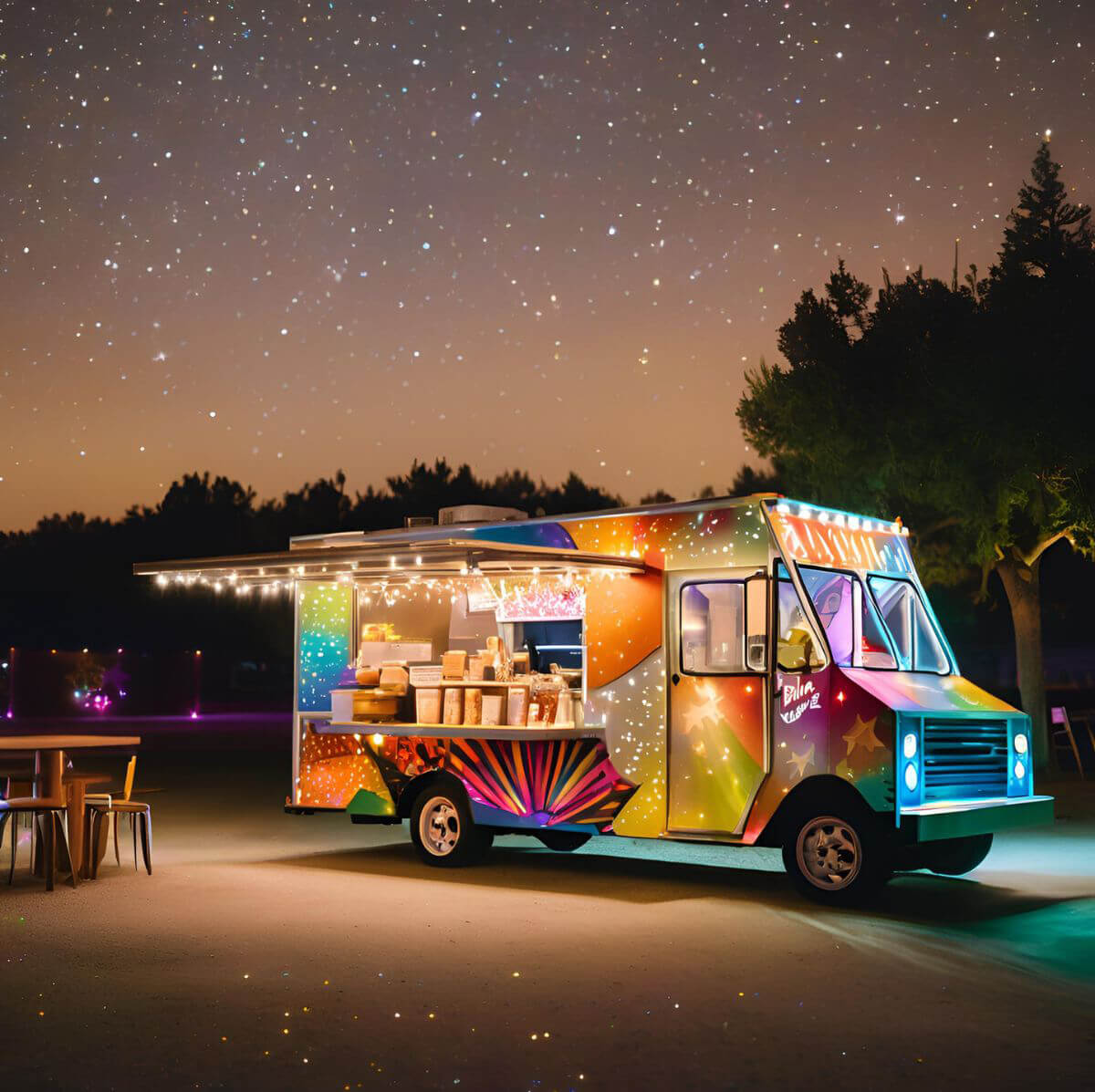 food truck parked at night under a starry sky