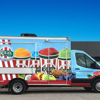 rita's custom designed food truck in front of the JRS Custom Food Trucks and Trailers office