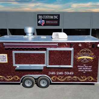 brothers comfort food food trailer in front of the JRS Custom Food Trucks and Trailers office