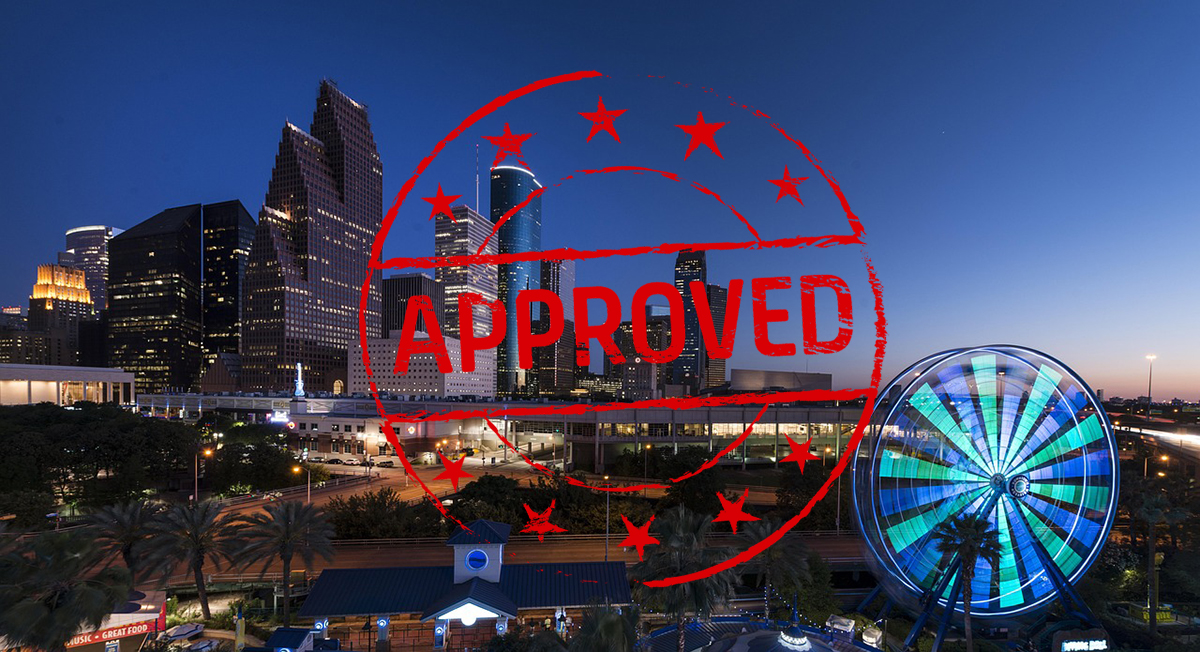 houston city skyline at dusk with a stamp of approved over the image, illustrating being approved for your food truck permit in houston, texas