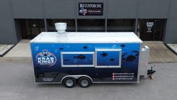 krab kingz seafood food trailer in front of the JRS Custom Food Trucks and Trailers office
