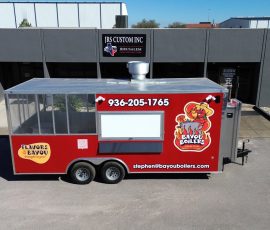 bayou boilers food trailer in front of the JRS Custom Food Trucks and Trailers office
