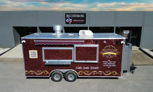 brothers comfort food food trailer in front of the JRS Custom Food Trucks and Trailers office