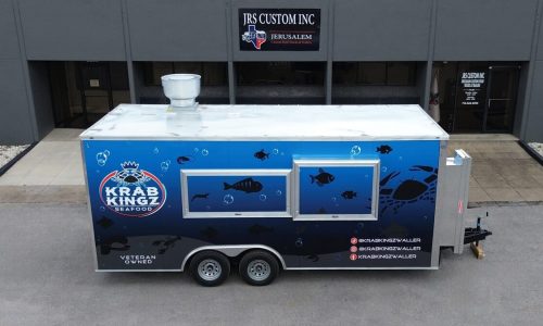 krab kingz seafood food trailer in front of the JRS Custom Food Trucks and Trailers office