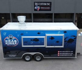 krab kingz seafood food trailer in front of the JRS Custom Food Trucks and Trailers office
