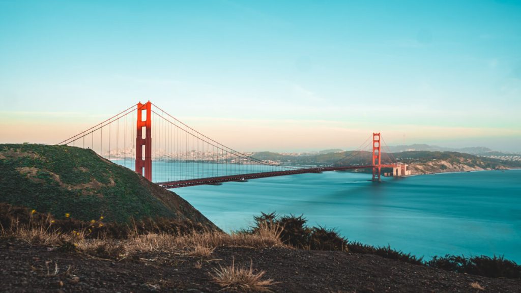 Golden Gate Bridge spanning San Francisco Bay at sunset viewed from the Marin Headlands