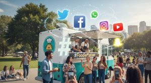 Illustrated food truck at an outdoor event surrounded by customers and social media platform icons