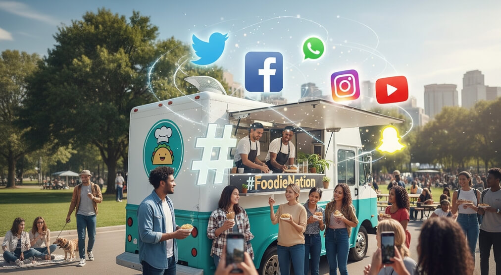 Illustrated food truck at an outdoor event surrounded by customers and social media platform icons