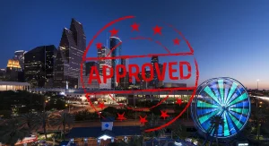 houston city skyline at dusk with a stamp of approved over the image, illustrating being approved for your food truck permit in houston, texas