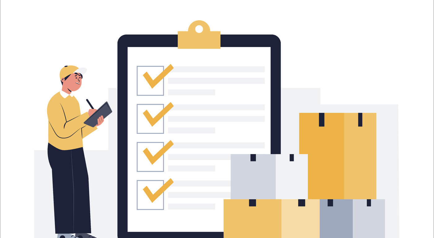 Illustrated graphic of a worker checking inventory items on a clipboard next to stacked boxes