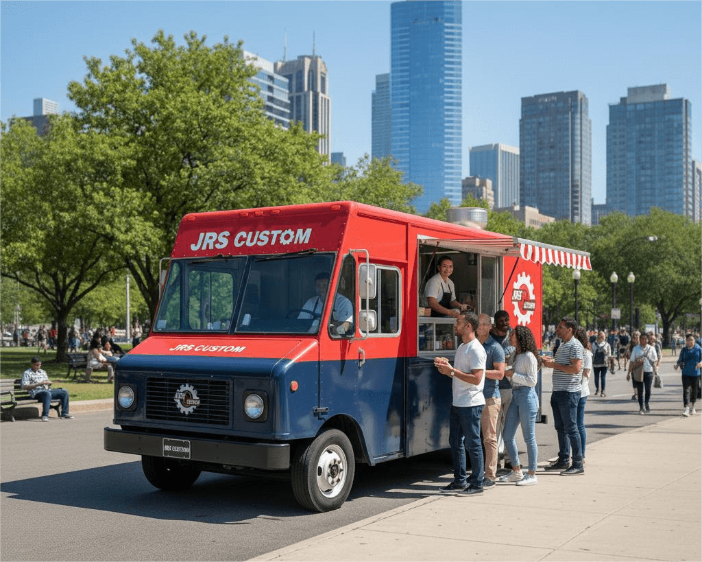 render of a jrs food truck serving customers in a texas city