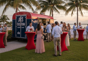 rendering of a jrs custom food trailer catering a wedding in florida on a beach