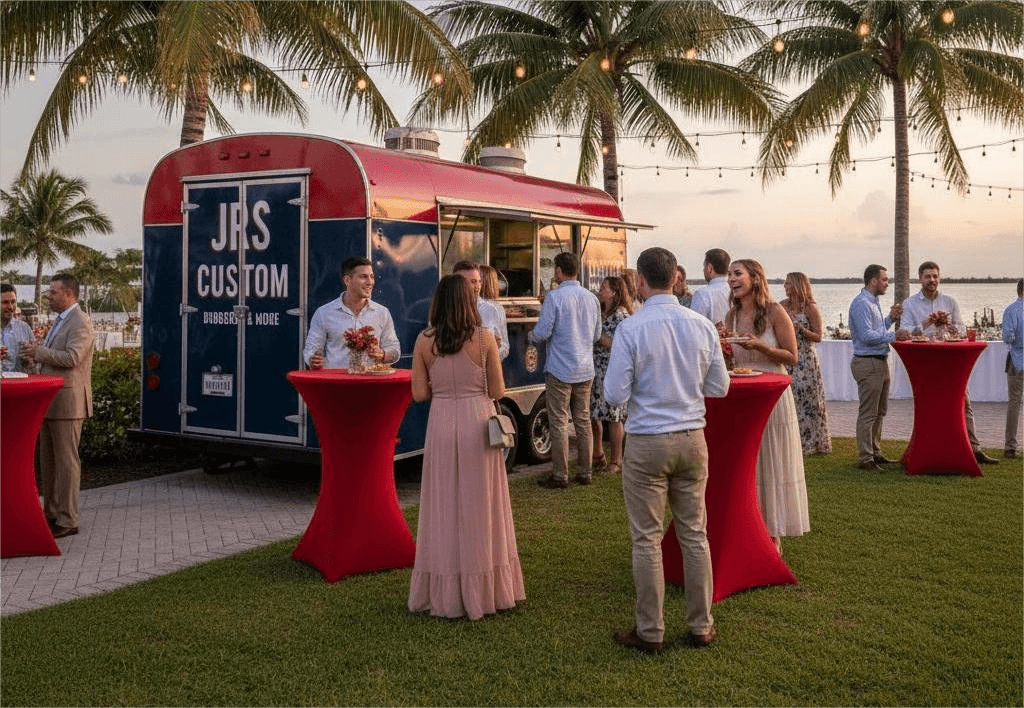 rendering of a jrs custom food trailer catering a wedding in florida on a beach