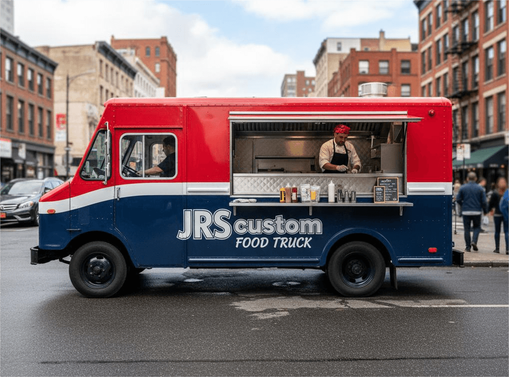 render of a chef and driver in their blue and red jrs custom food truck