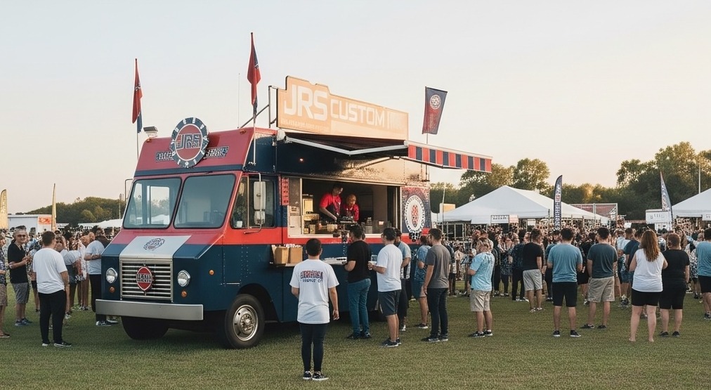 jrs custom branded food truck at a festival with a crowd of customers