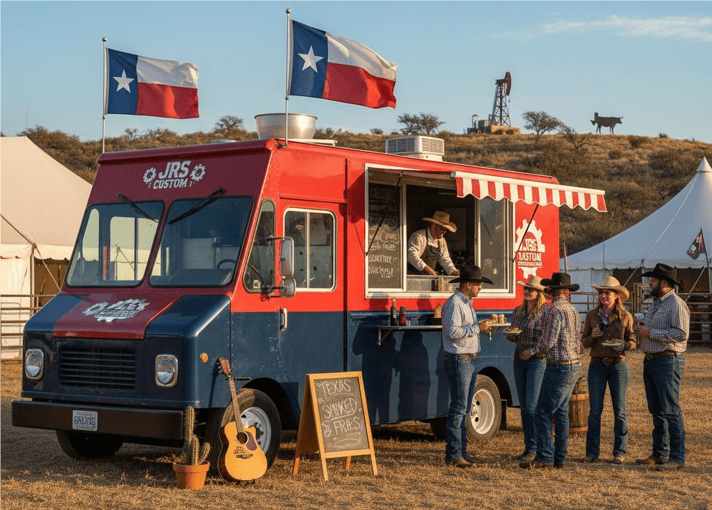 JRS Custom food truck serving customers at an outdoor Texas event with Texas flags flying overhead