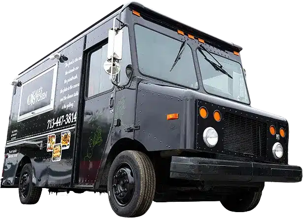 Matte black Kale's Kitchen food truck with branded wrap featuring menu item photos and contact number
