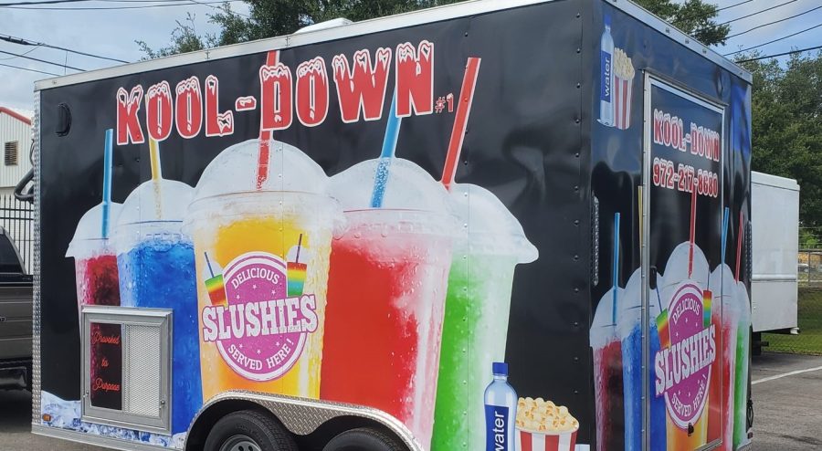 Kool-Down slushie food trailer with full wrap graphics featuring colorful frozen drink imagery