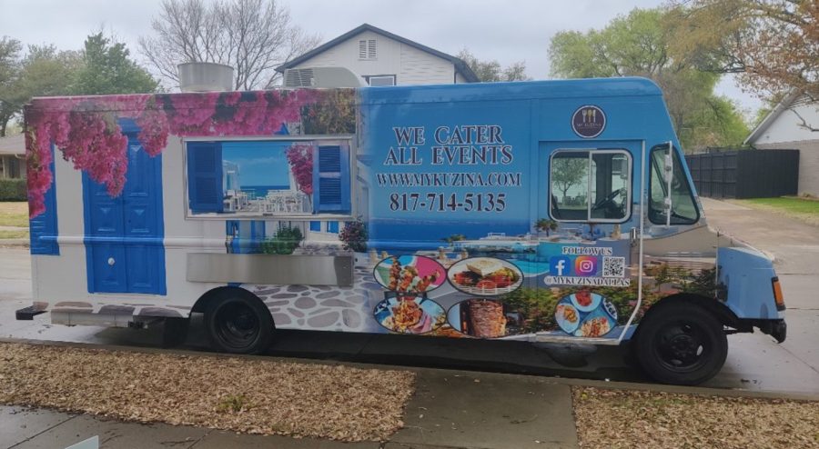 My Kuzina Greek food truck with full wrap graphics featuring a Mediterranean village scene