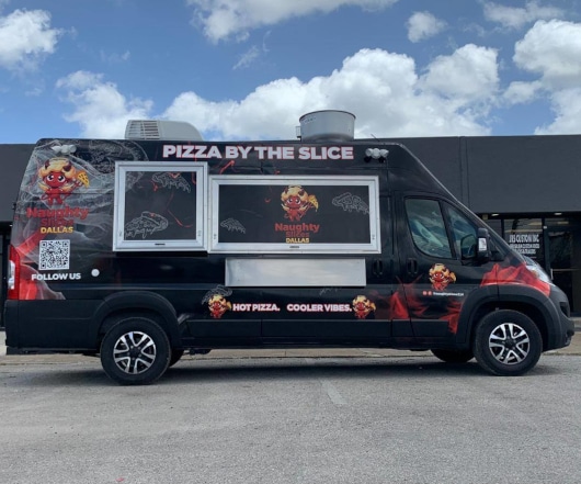 Naughty Slices Dallas pizza food truck van with a black and red wrap featuring the brand mascot, "Pizza by the Slice" header, service window, and "Hot Pizza. Cooler Vibes." tagline