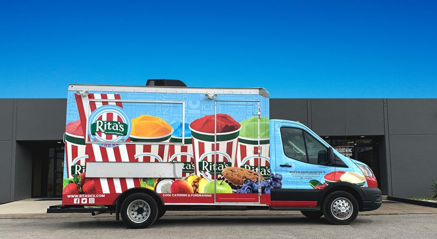 Rita's Italian Ice branded food truck with full wrap graphics parked in front of the JRS Custom Food Trucks and Trailers facility in Houston