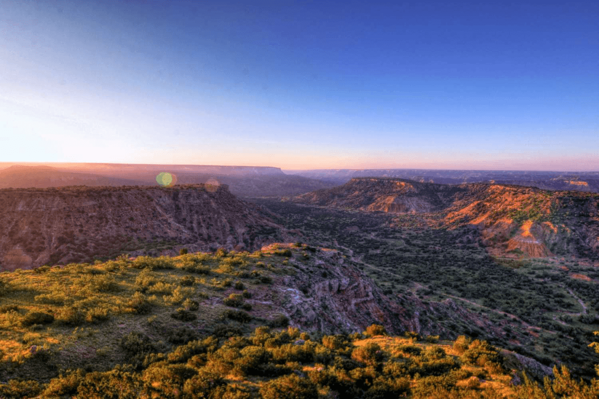 Aerial view of Palo Duro Canyon at sunset in Texas
